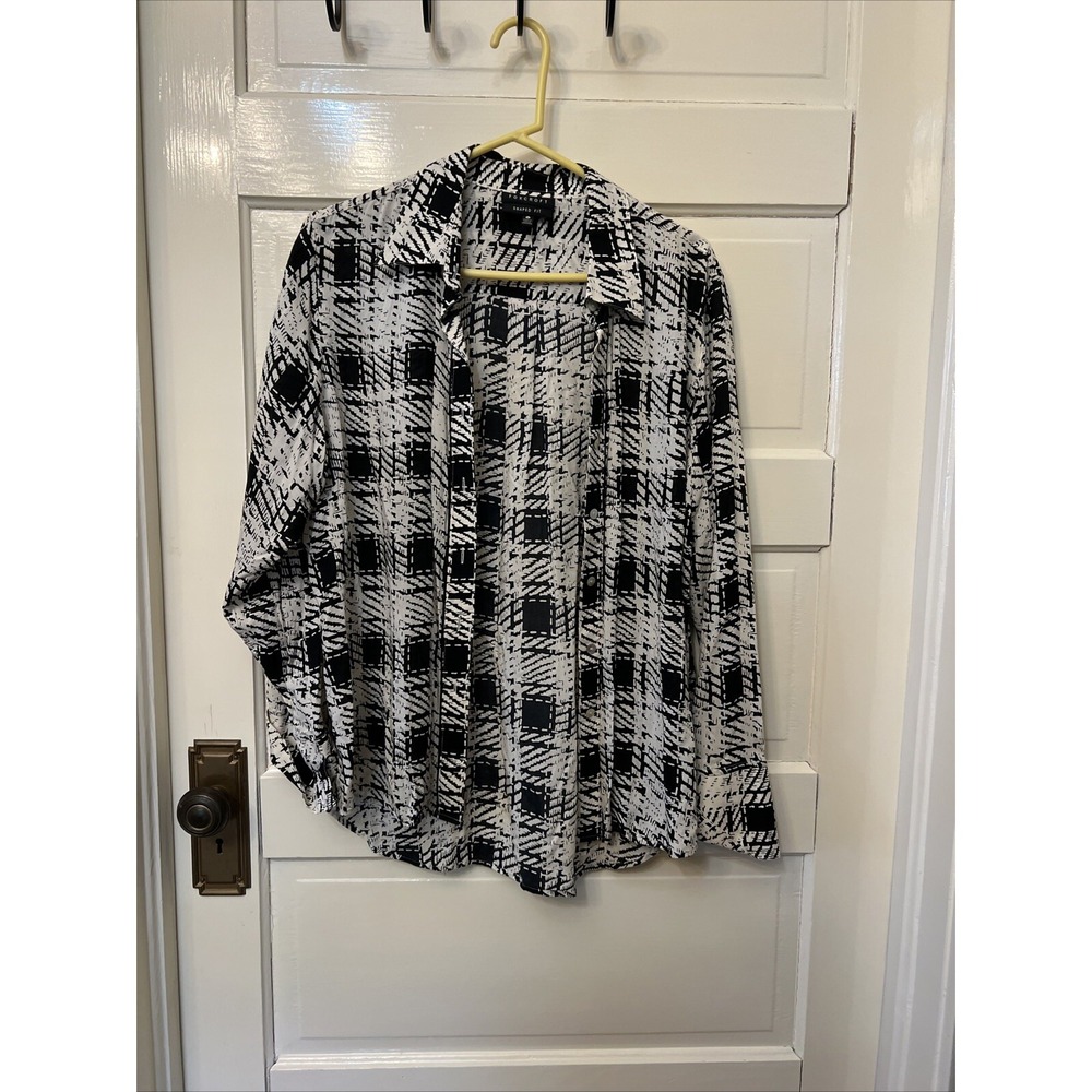 Foxcroft Shaped Fit Black White Abstract Geometric Grid Button Down Shirt 14